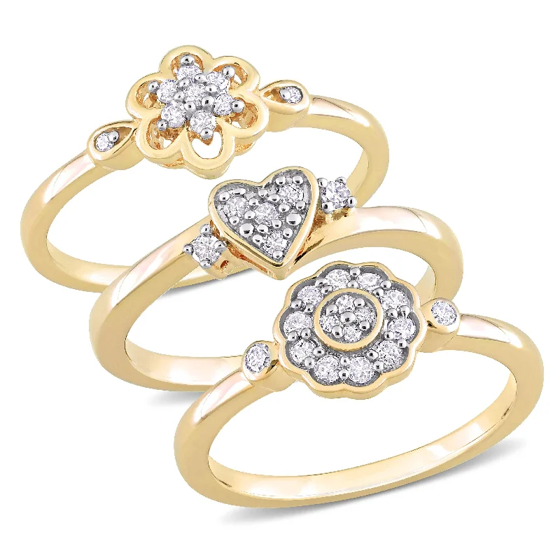 Women’s mixed metal rings-Miadora 3/8ct TW Diamond Heart Flower Rings 3-Piece Set Yellow Silver