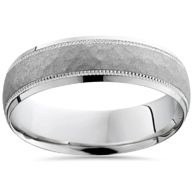 Women’s diamond engagement rings-Mens White Gold Hammered Wedding Ring Comfort Band New