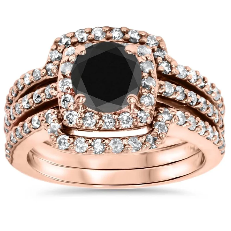 Women’s silver rings-1 3/4ct Black Diamond Rose Gold Cushion Halo Ring Set