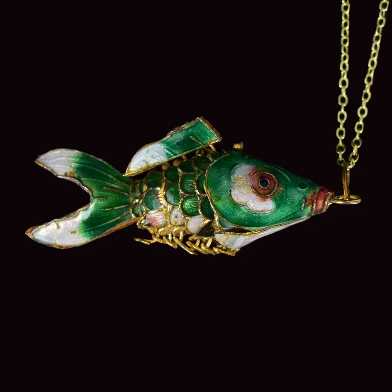 Women’s choker necklaces-Vintage Articulated Green Enamel Koi Fish Pendant Necklace