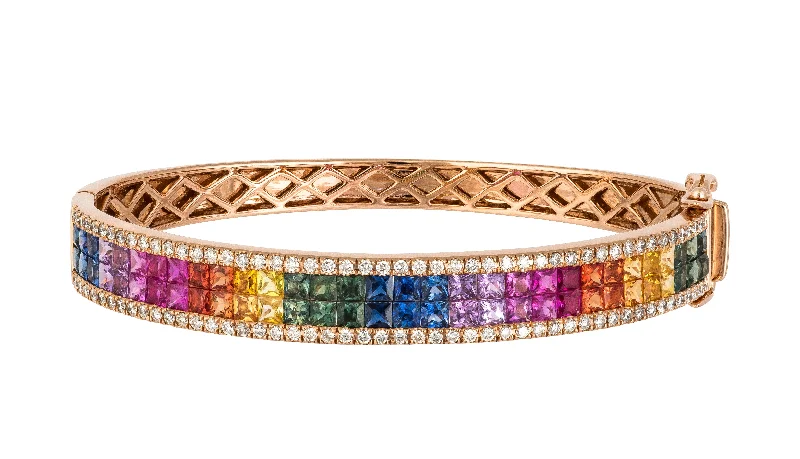 Women’s bracelet sets-Double Row Princess Cut Multi Colour Sapphires & Diamonds Bangle