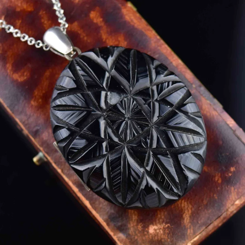 Women’s choker necklaces-Antique Victorian Carved Whitby Jet Starburst Locket Necklace