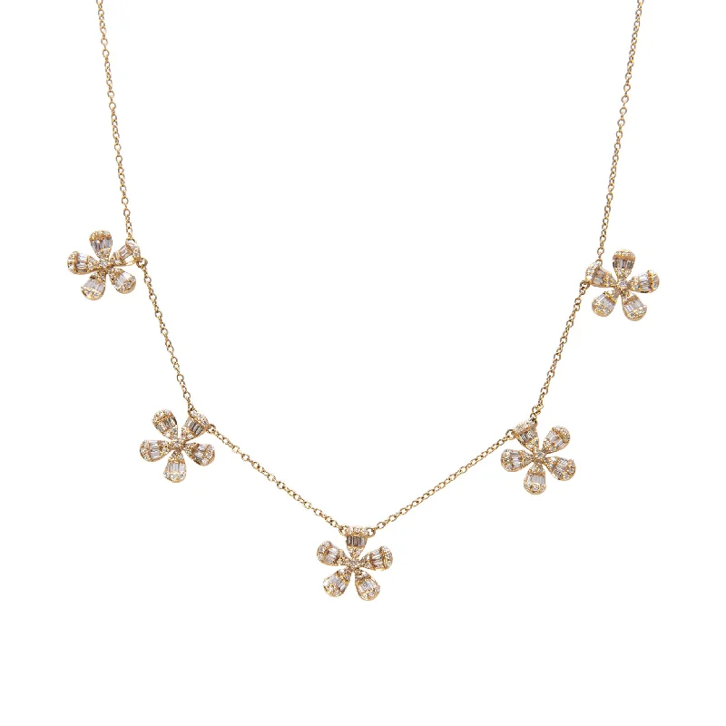 Women’s silver chain necklaces-1ctw Mixed Diamond Flower 5 Station 14K Yellow Gold Necklace