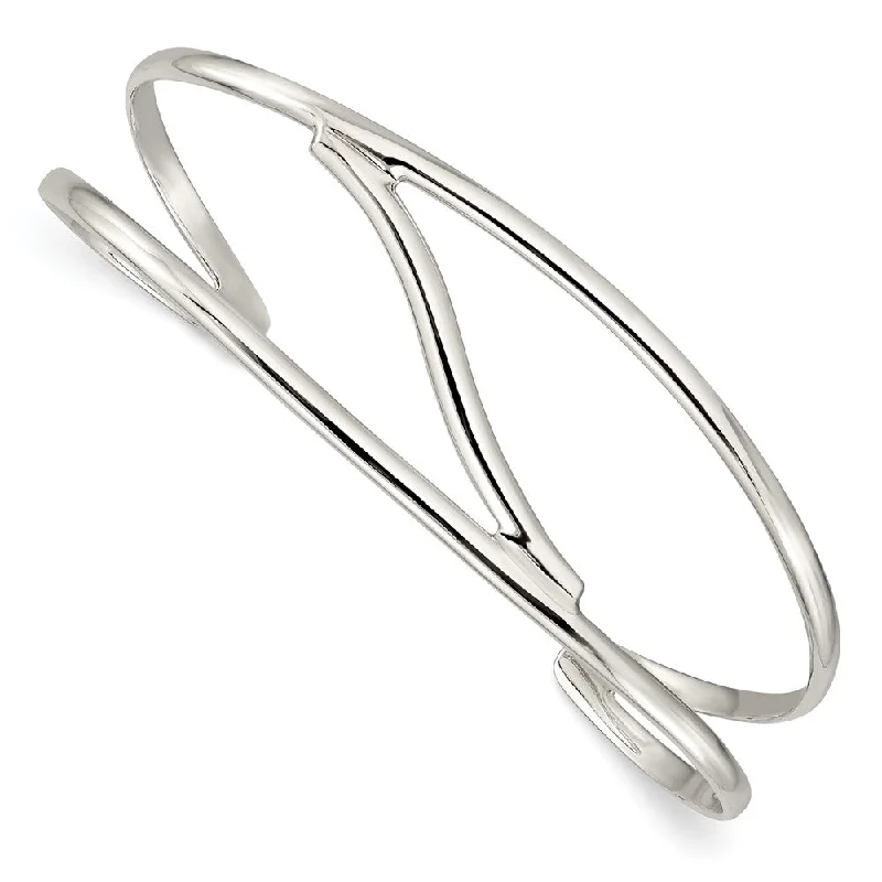 Women’s casual bangles-Sterling Silver Polished 2 Band Connected Cuff Bangle-WBC-QB1377