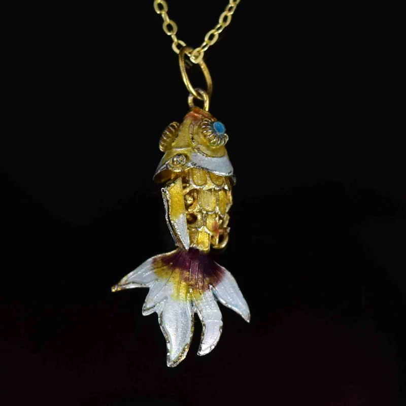 Women’s chunky necklaces-White Yellow Enamel Articulated Koi Fish Charm Pendant Necklace