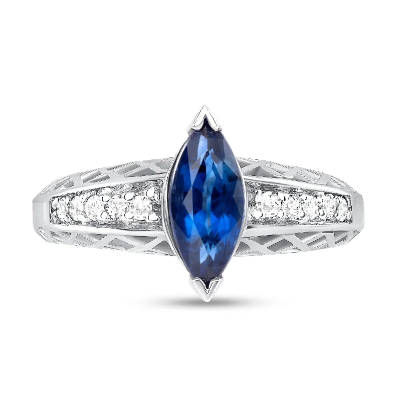 Women’s cushion-cut rings-1.18 ct Blue Sapphire and Diamond Ring in 14k White Gold