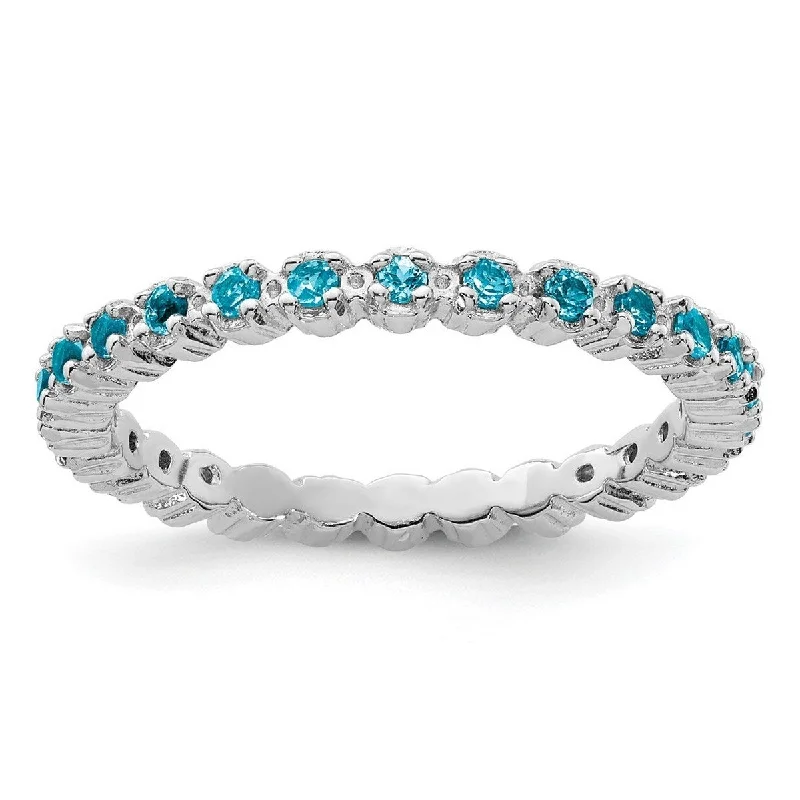 Women’s floral rings-Curata 925 Sterling Silver Polished Prong set Patterned Stackable Expressions Blue Topaz Ring