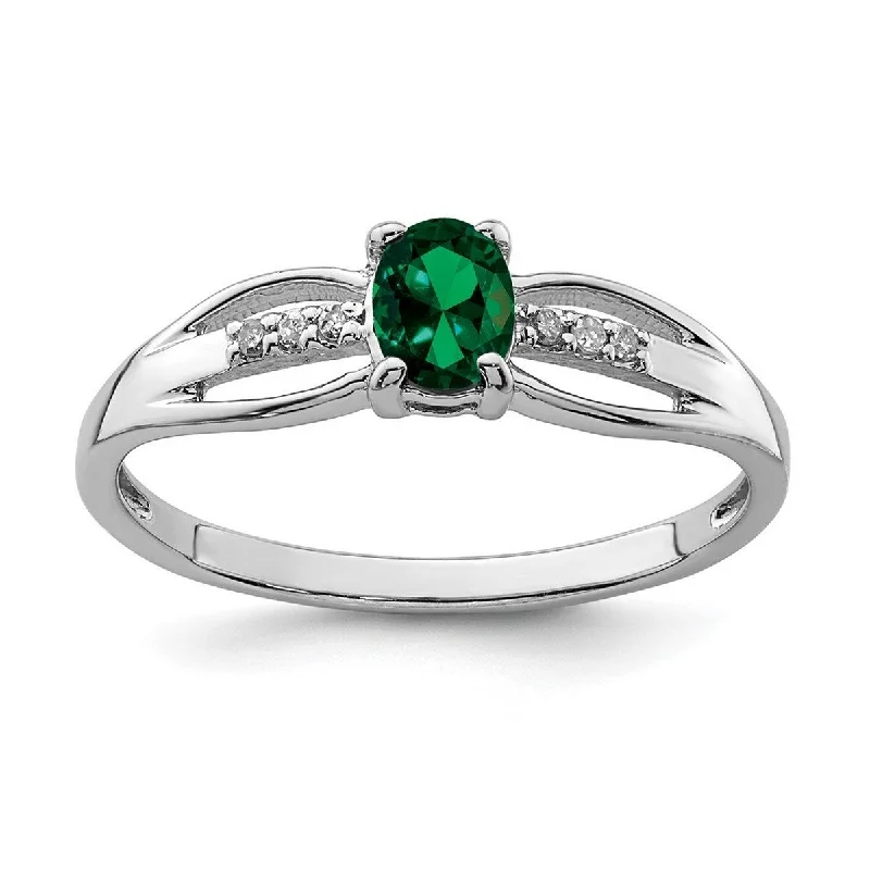 Women’s designer diamond rings-Curata 925 Sterling Silver Rhod Plated Diamond Created Emerald Ring