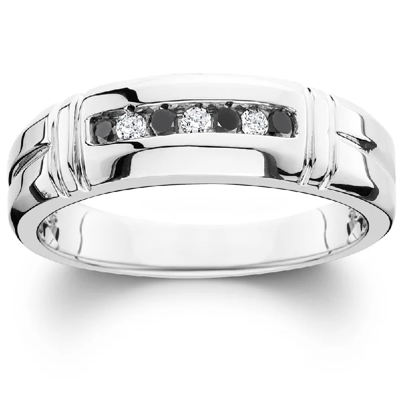 Women’s vintage inspired engagement rings-1/3ct Black & White Diamond Mens Wedding Ring White Gold