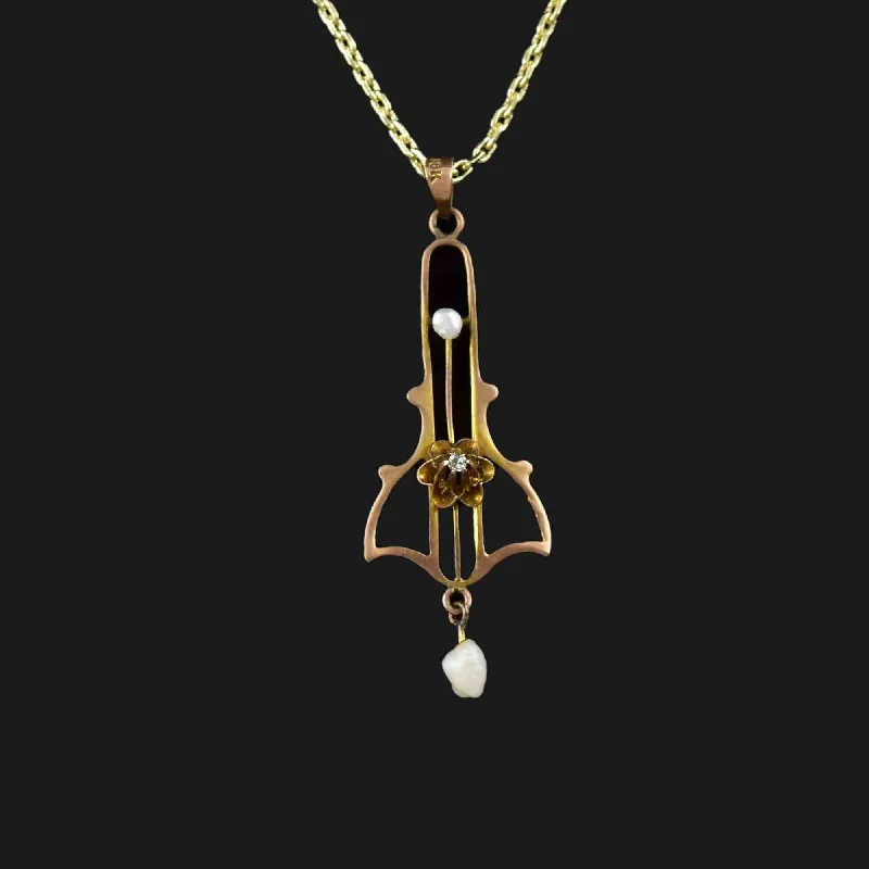 Women’s lucky charm necklaces-Antique Edwardian 10K Gold Diamond Pearl Lavaliere Necklace