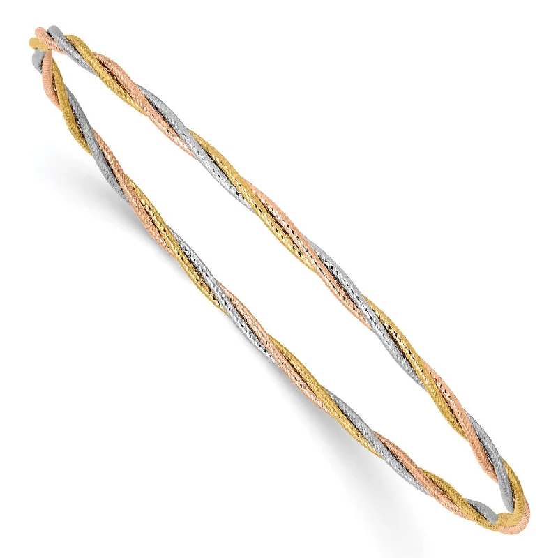 Women’s braided bracelets-14k Tri-color Diamond-cut Twisted Slip-on Bangle-WBC-DB575