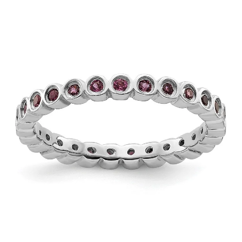 Women’s pearl rings-Curata 925 Sterling Silver Bezel Polished Patterned Stackable Expressions Rhodolite Garnet Ring