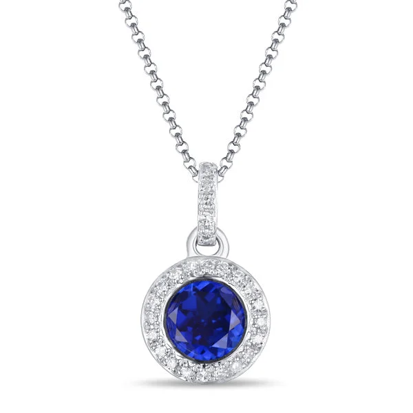 Women’s statement chain necklaces-Sapphire & Diamond Halo 14K White Gold Pendant Necklace