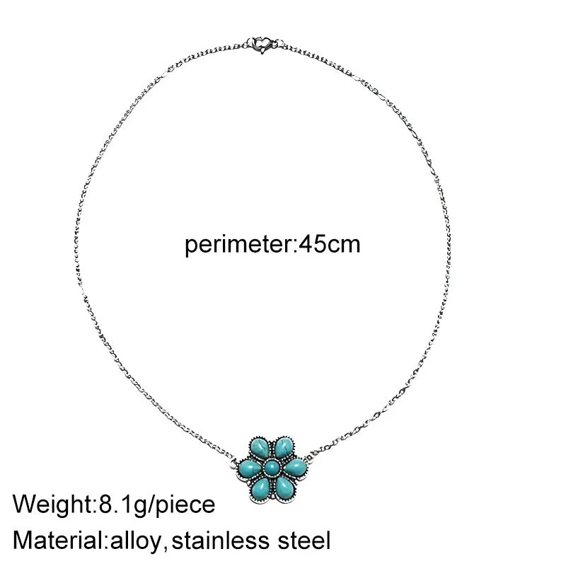 Women’s diamond chain necklaces-Retro Flower Alloy Titanium Steel Inlay Turquoise Women's Pendant Necklace