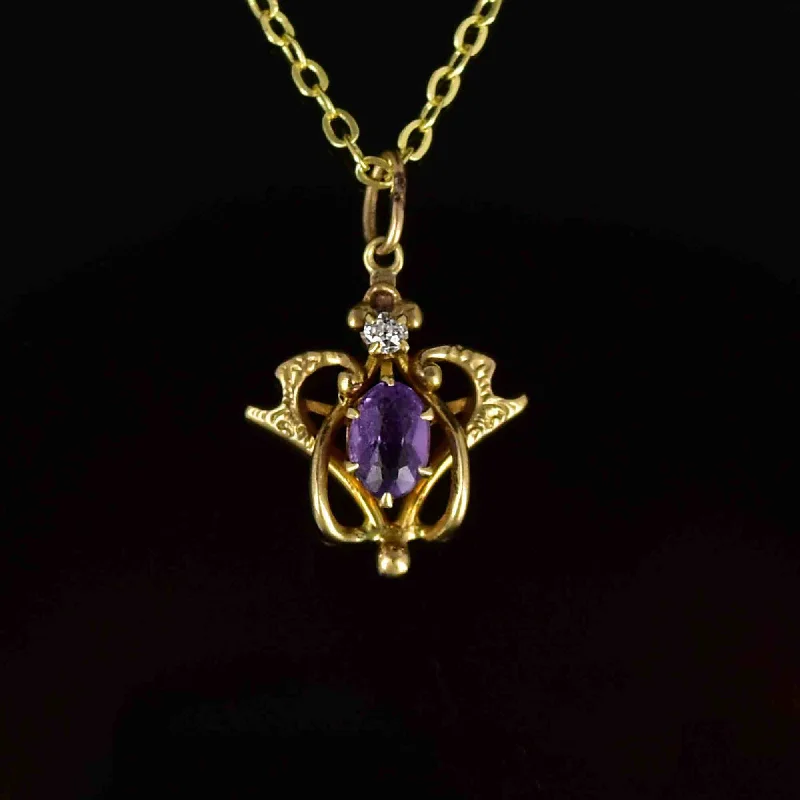 Women’s crystal necklaces-Antique Edwardian 14K Gold Diamond Amethyst Pendant Necklace