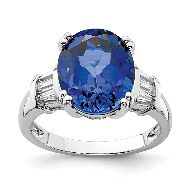 Women’s elegant wedding rings-Curata 925 Sterling Silver Rhodium Plated Lab Cr Blue Sapphire and CZ Cubic Zirconia Ring