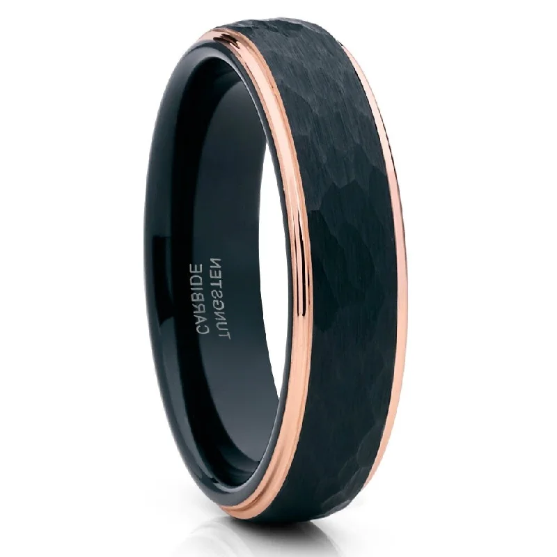 Women’s diamond band engagement rings-6Mm Black Tungsten Carbide Wedding Ring Rose Gold Comfort Fit Hammered