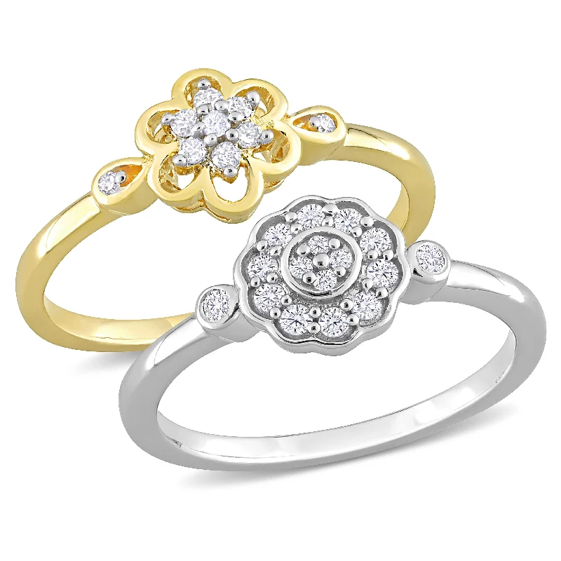 Women’s cushion-cut rings-Miadora 1/3ct TW Diamond Floral Rings 2-Piece Set 2-Tone Yellow White Sterling Silver