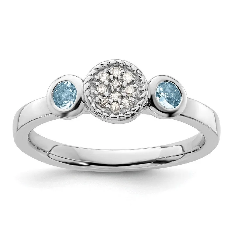 Women’s cushion-cut rings-Curata 925 Sterling Silver Bezel Polished Prong set Stackable Expressions Db Round Aquamarine and Dia. Ring