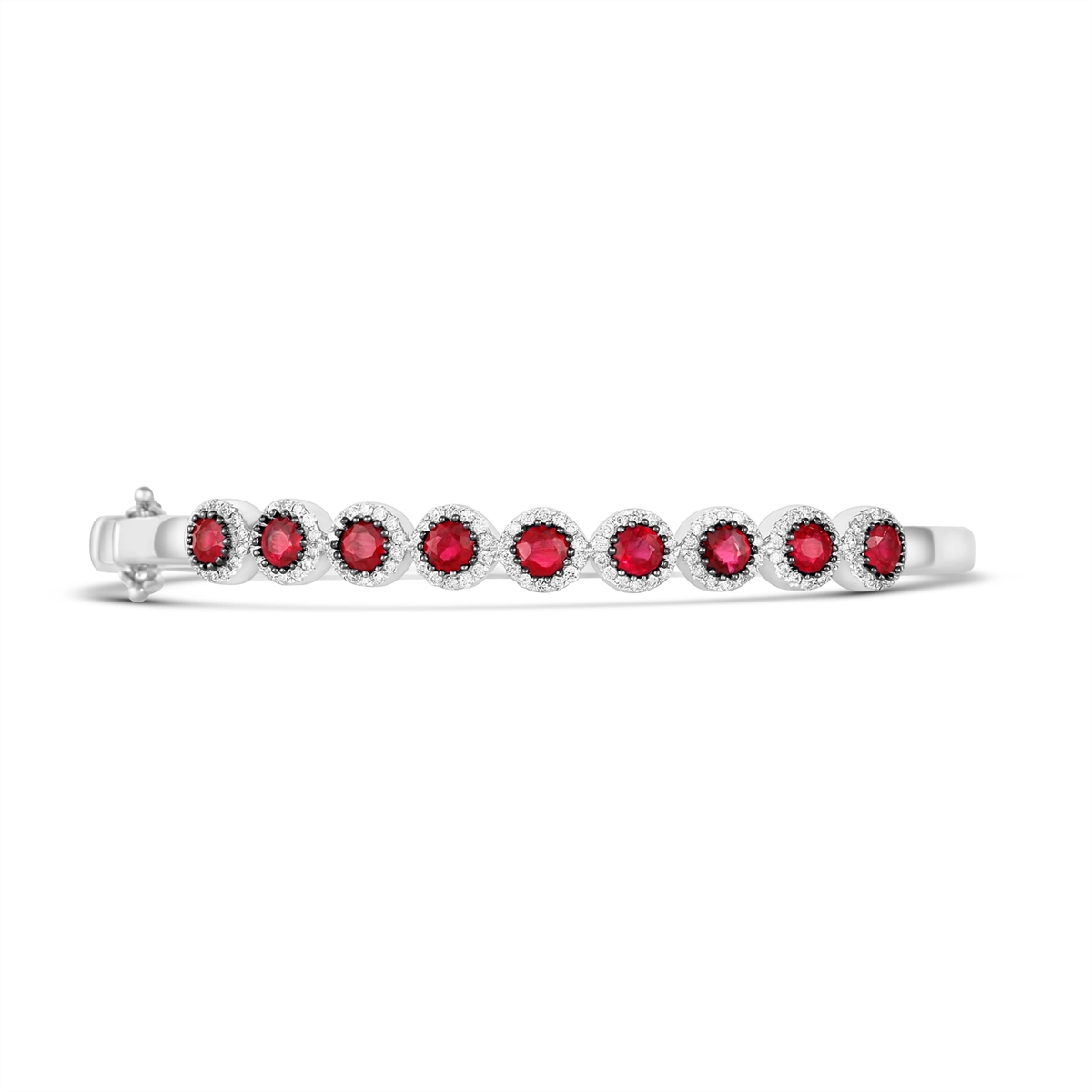 Women’s rose gold bracelets-14K White Gold Clasped Bangle with Rubies with Diamond Halos