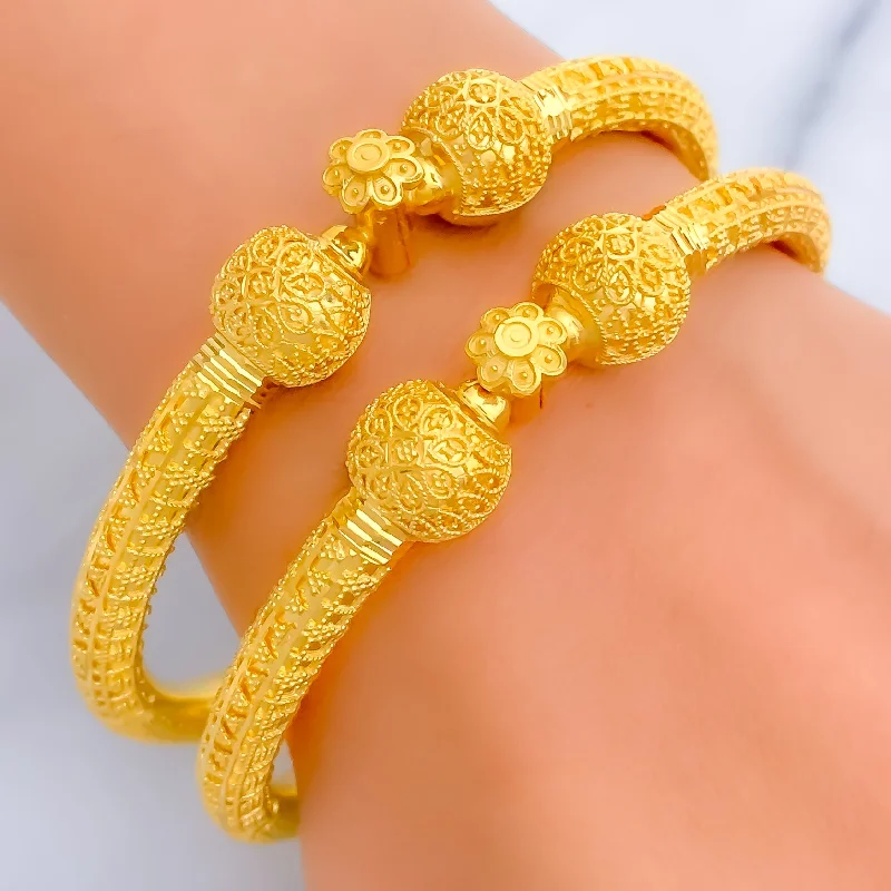 Women’s tennis bracelets-Eclectic Decadent 22k Gold Floral Pipe Bangles