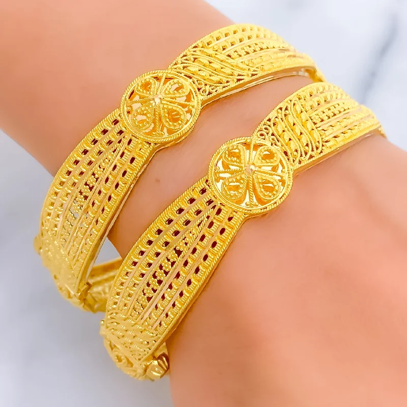 Women’s stackable bracelets-Captivating Floral 22k Gold Bangle Pair