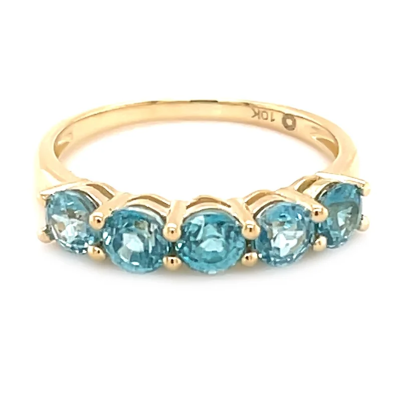 Women’s rose gold rings-10K Yellow Gold Blue Zircon Gemstone 5 StoneBand Ring