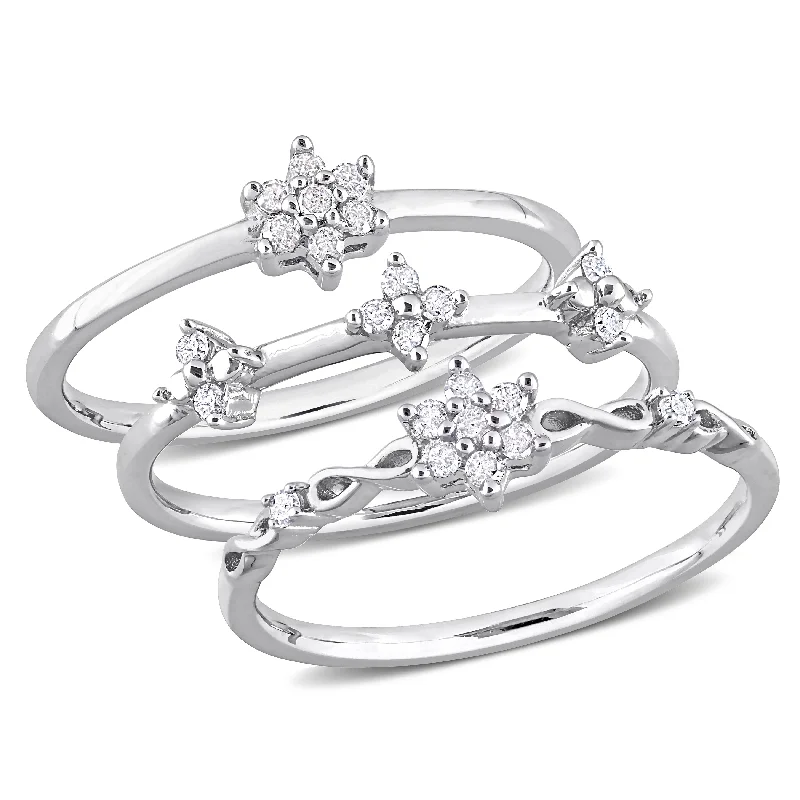 Women’s silver engagement rings-Miadora 1/4ct TW Diamond Floral Promise Rings 3-Piece Set Sterling Silver