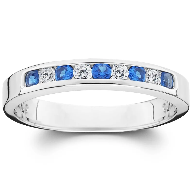 Women’s diamond engagement rings for proposal-1/4ct Diamond & Blue Sapphire Anniversary Wedding Ring White Gold