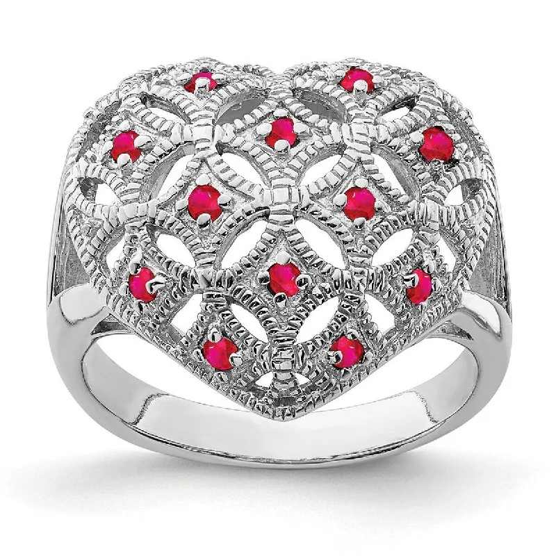 Women’s statement rings-Curata 925 Sterling Silver Textured Polished Open back Ruby Love Heart Ring