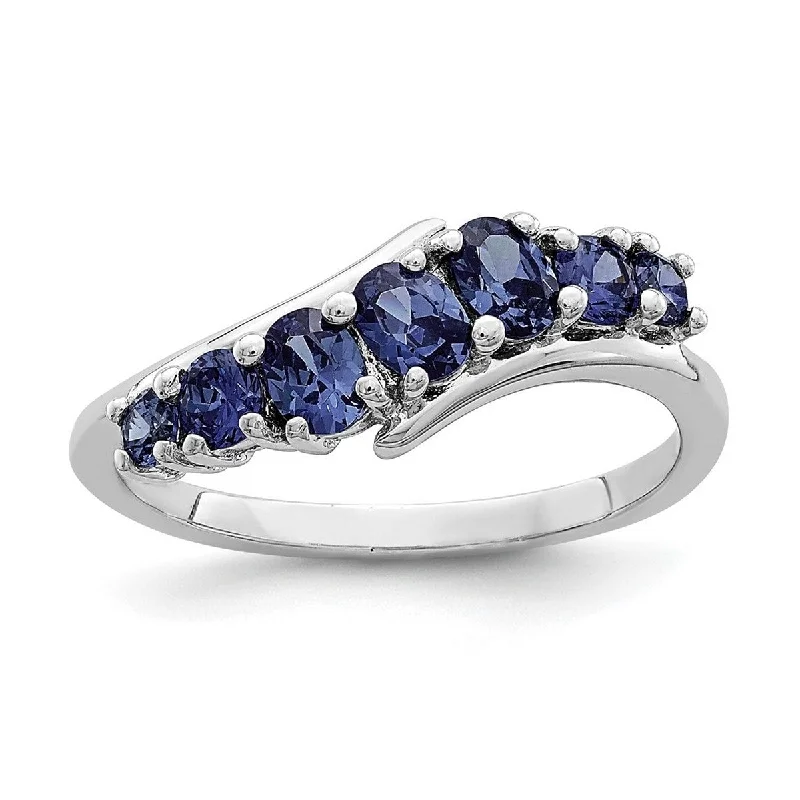 Women’s luxury engagement rings-Curata 925 Sterling Silver Rhodium Plated 7 stone Blue CZ Cubic Zirconia Wave Ring