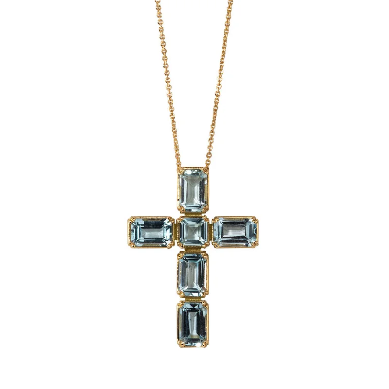 Women’s statement necklaces-Blue Topaz Cross 18K Gold Pendant Necklace