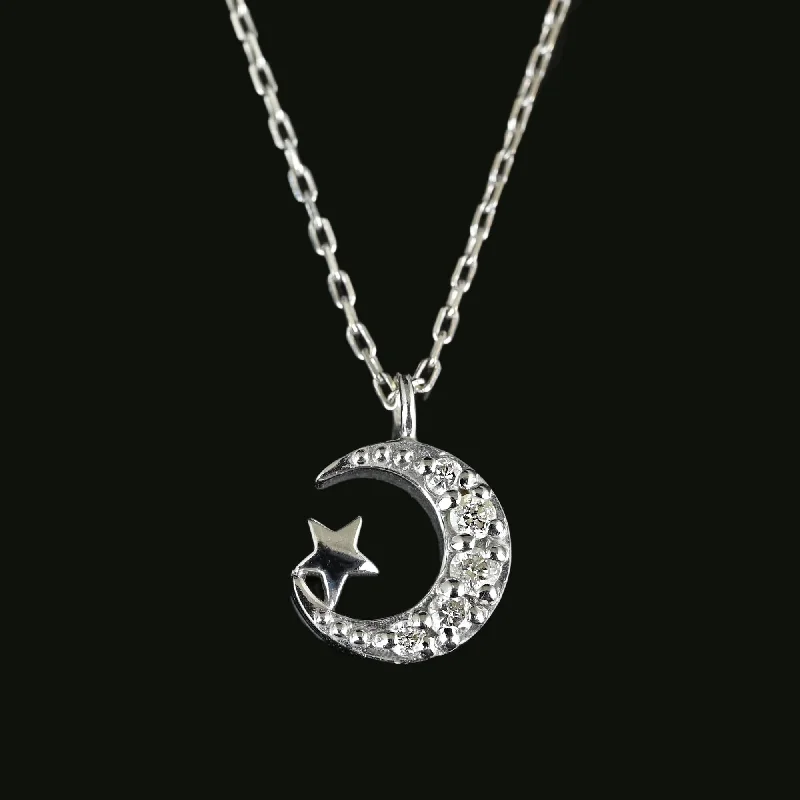 Women’s luxurious necklaces-Petite Vintage Diamond Crescent Moon Star Pendant Necklace