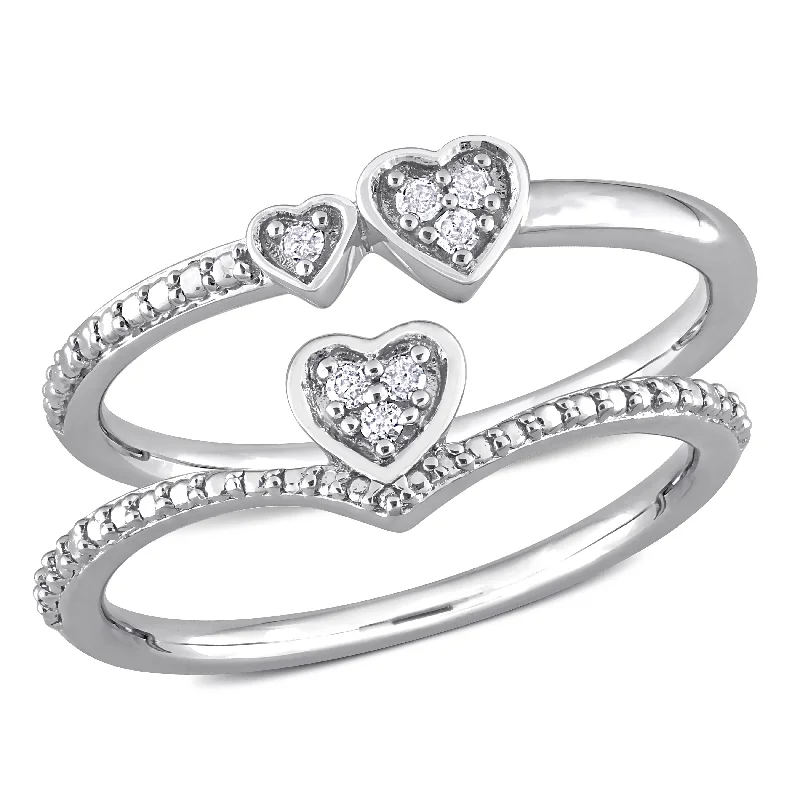 Women’s vintage wedding bands-Miadora Diamond Accent Heart Double Heart Promise Rings 2-Piece Set Sterling Silver