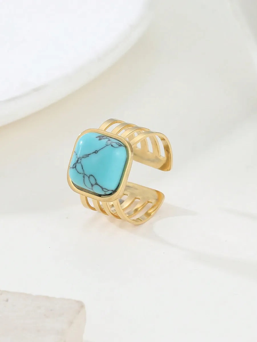 Women’s oval rings-Retro Geometric Stainless Steel Plating Inlay Turquoise 18k Gold Plated Open Rings