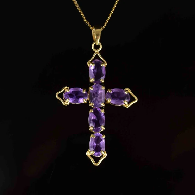 Women’s diamond chain necklaces-Vintage 14K Gold Amethyst Cross Pendant Necklace