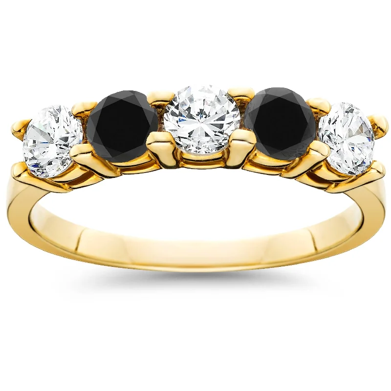 Women’s classic solitaire engagement rings-1 1/4CT Black & White Diamond 5 Stone Wedding Ring Yellow Gold