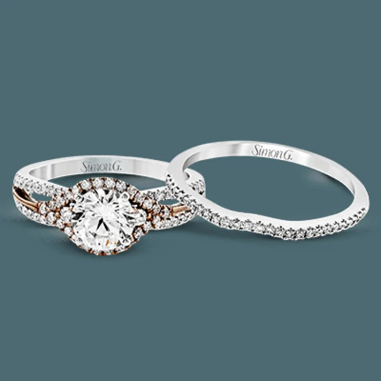 Women’s affordable engagement rings with diamonds-Featuring a modern design, this rose and white gold engagement ring and wedding band is highlighted by .51 ctw of round cut white diamonds.