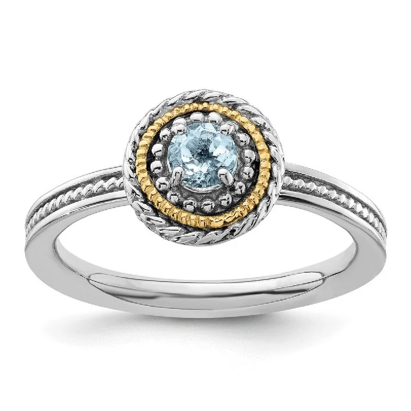 Women’s silver rings-Curata 2.25mm 925 Sterling Silver Polished Prong set and 14k Stackable Expressions 925 Sterling Silver Aquamarine Ring