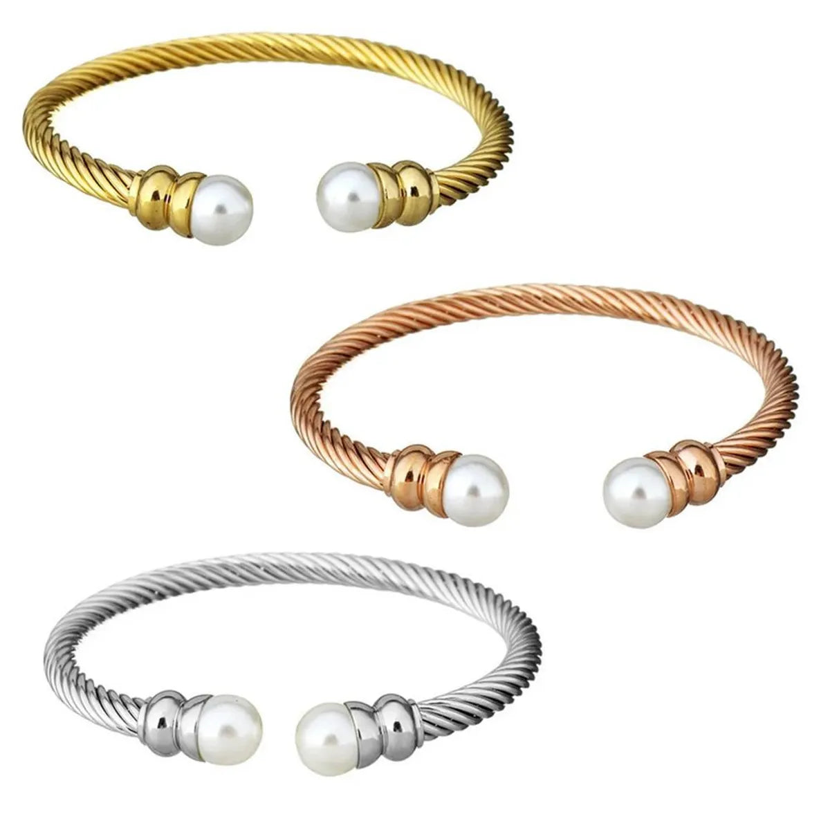 Women’s charm bracelets-Simple Style Geometric Stainless Steel Artificial Pearls Twisted Cable Bracele Bangle In Bulk