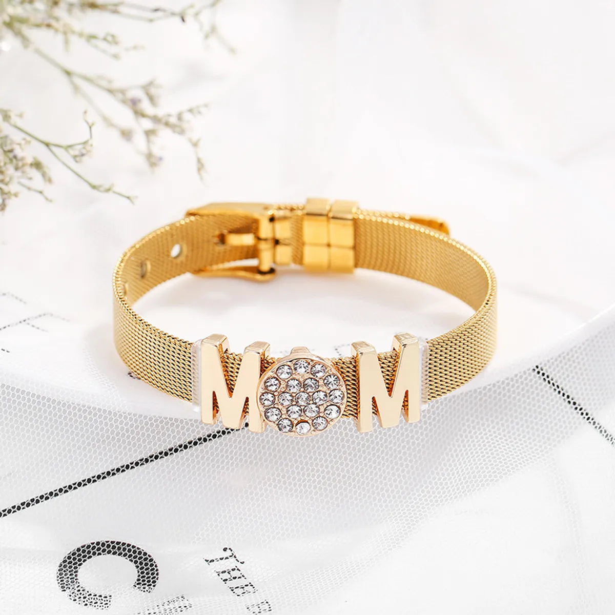 Women’s chunky bangles-304 Stainless Steel Casual Modern Style Inlay Letter Rhinestones Wristband Bangle