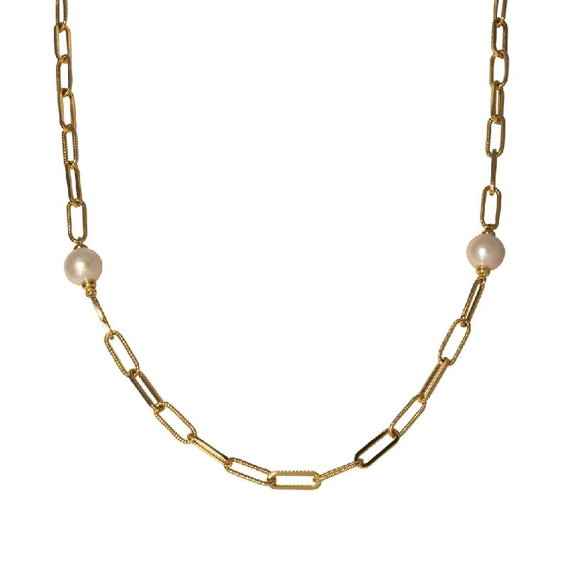 Women’s bridal necklaces-Pearl Station 14K Yellow Gold Paperclip Link Necklace