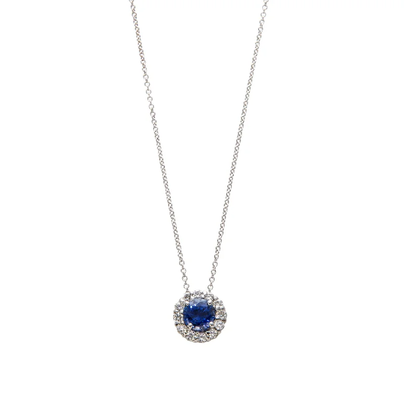 Women’s animal pendant necklaces-1ctw Sapphire & Diamond Halo 18K White Gold Pendant Necklace