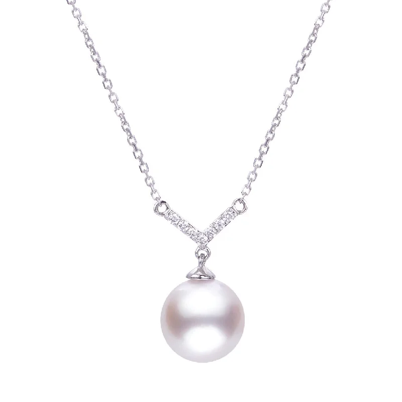 Women’s rubies necklaces-8mm Akoya Pearl & Diamond V 14K White Gold Necklace