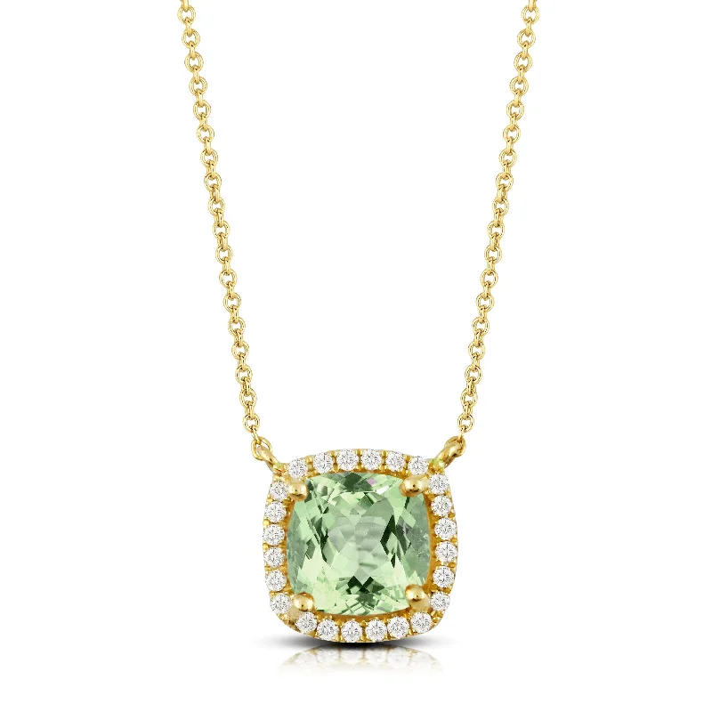 Women’s sparkling necklaces-Cushion Green Amethyst & Diamond 18K Yellow Gold Necklace