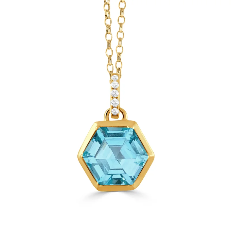 Women’s layered gold necklaces-Blue Topaz Hexagon 18K Yelow Gold Pendant Necklace