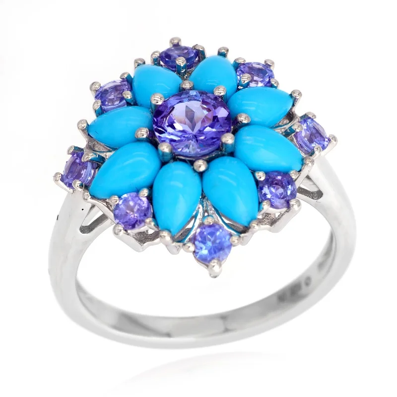 Women’s pearl rings-925 Sterling Silver Tanzanite And Sleeping Beauty Turquoise Gemstone Cluster Rings