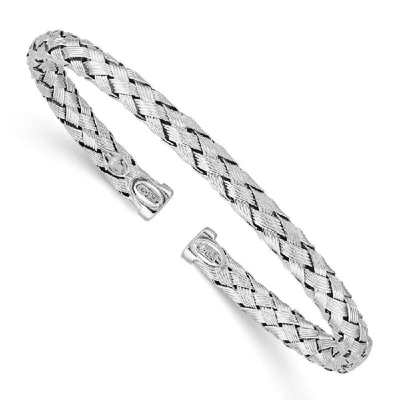 Women’s beaded bangles-Sterling Silver Rhodium-plated Polished Textured Bangle-WBC-QB1033