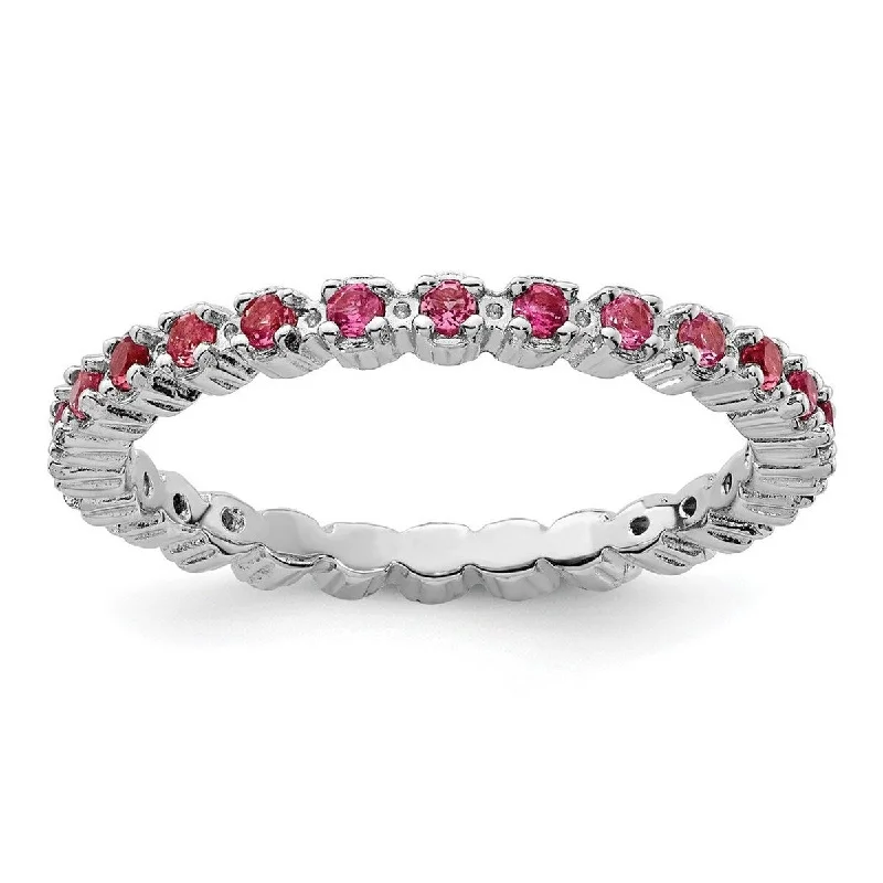 Women’s stylish engagement rings-Curata 925 Sterling Silver Polished Prong set Patterned Stackable Expressions Pink Tourmaline Ring