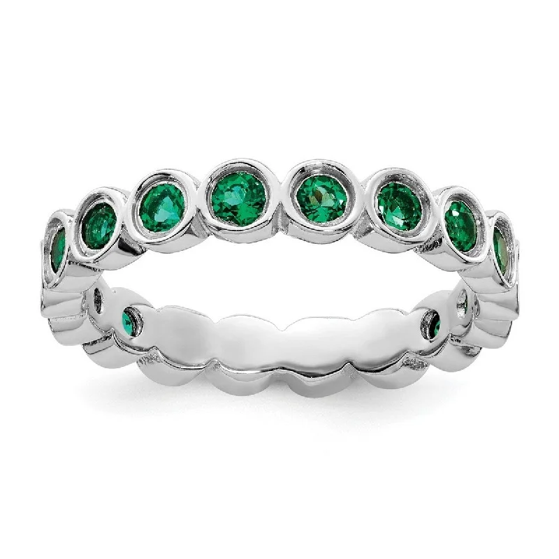 Women’s charm rings-Curata 925 Sterling Silver Bezel Polished Patterned Stackable Expressions Created Emerald Ring